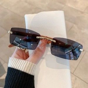 Black Rectangular Rimless Sunglasses with Gold Accents Unisex